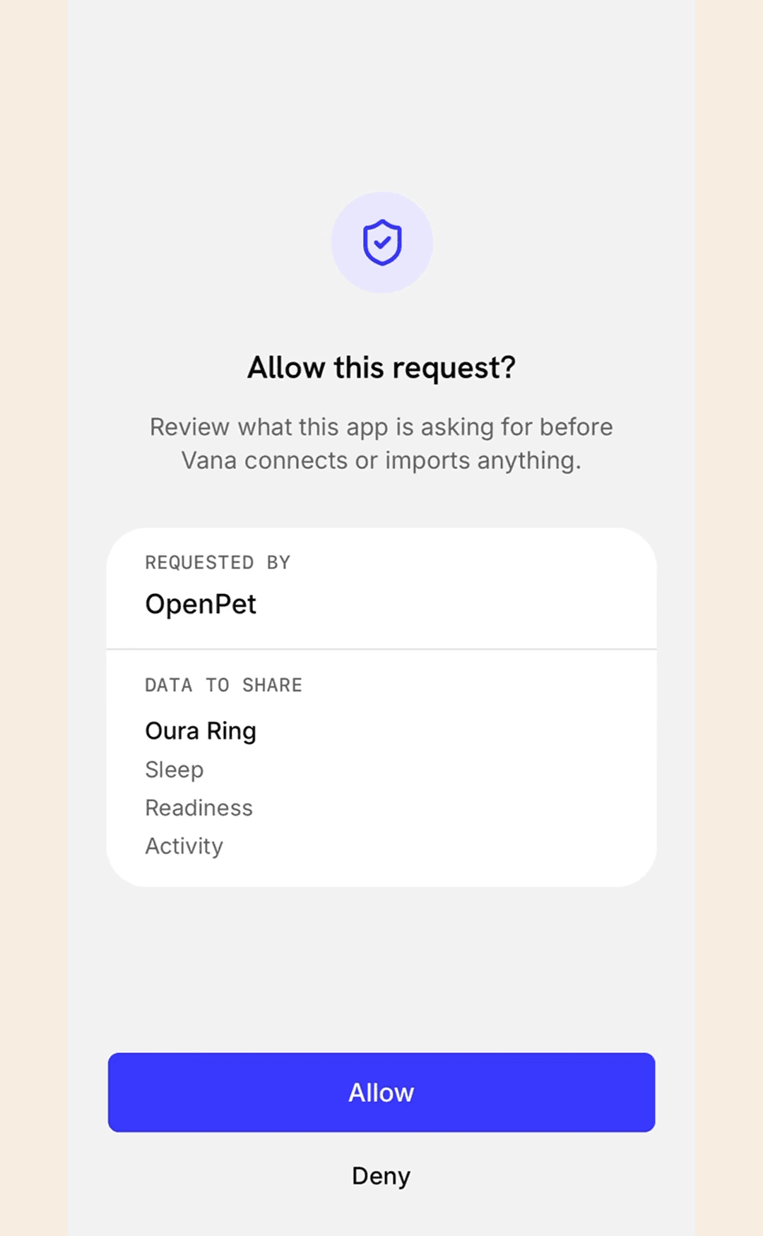 The Vana App asks permission to share Oura Ring sleep, readiness and activity data with OpenPet.