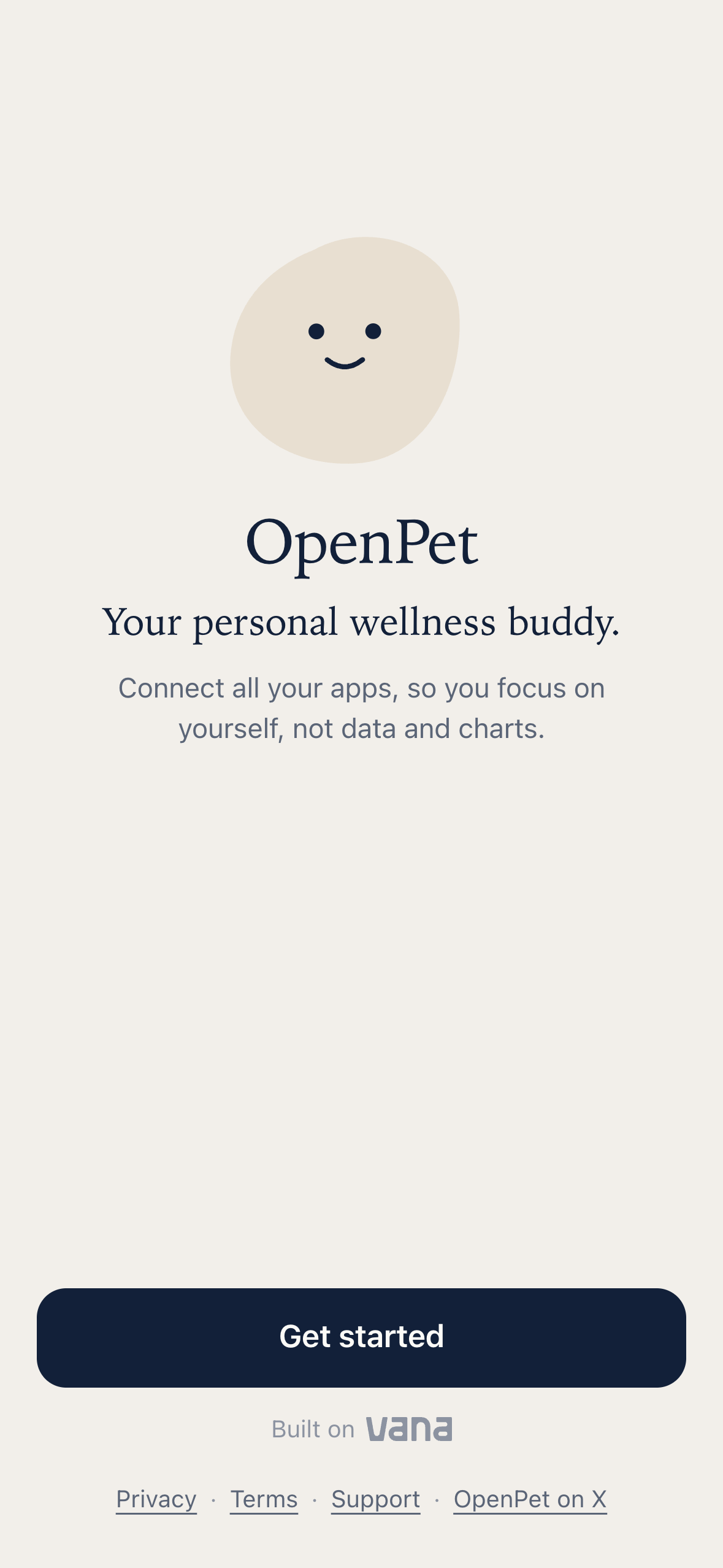 OpenPet’s welcome screen with its smiling pet and the heading Your personal wellness buddy.